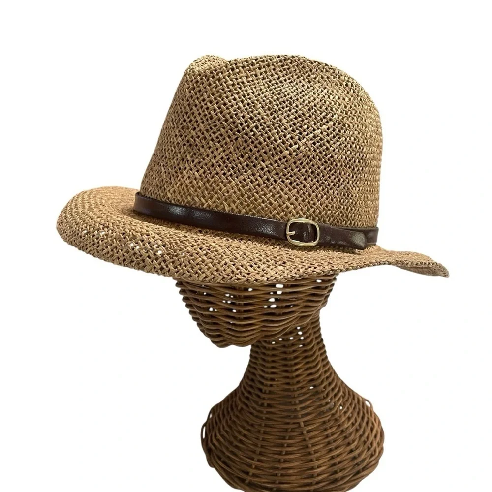 VTG Moja XL Men’s Woven Straw Fedora Hat with Brown Leather Band – Made in Korea